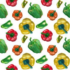 Watercolor seamless pattern with bell peppers red, yellow, green and orange colors isolated on white background. Design for textile, menu, packaging. Food theme for kitchen prints.