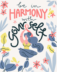 Be in harmony with yourself. Vector flat illustration. Troic poster, meditate woman