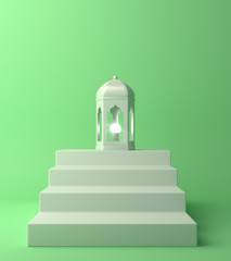 Arabic lantern and steps on green pastel background. Design creative concept of islamic celebration day ramadan kareem or eid al fitr adha. 3D rendering illustration.