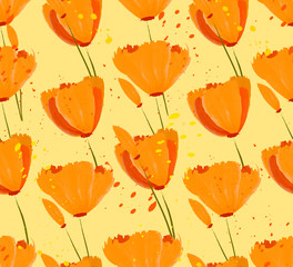 Seamless pattern with beautiful orange flowers and pollen splashes. California poppies, spring flowers, tulips. 