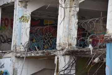 Fototapeta na wymiar Barbed Wire in Abandoned Hotel, Side View, Limassol, Cyprus