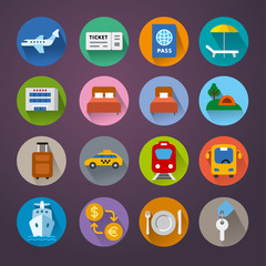 set of travel concept flat icons of resort, cruise and transport