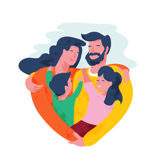 Loving parents hugging children in shape of heart. Happy family concept. Flat vector illustration.