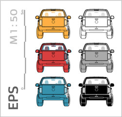 pickup cuv car vector icons set for architectural drawing and illustration, back views