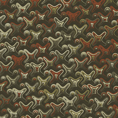 Pattern, texture. Colored abstract blots and elements of a circular shape, located on a dark background.