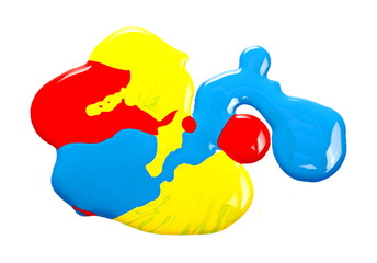 Spilled colorful oil paint isolated on white background, top view