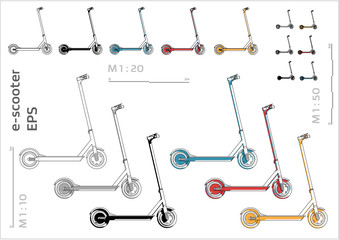 street motorized electric kick e-sooter vector icons set for architectural drawing and illustration, left view