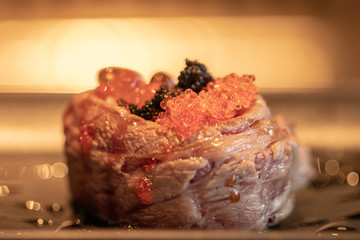 Wagyu Gunkan sushi.A popular Japanese food made of the basic ingredients with rice seaweed accompanied by Wagyu beef and fish roe.