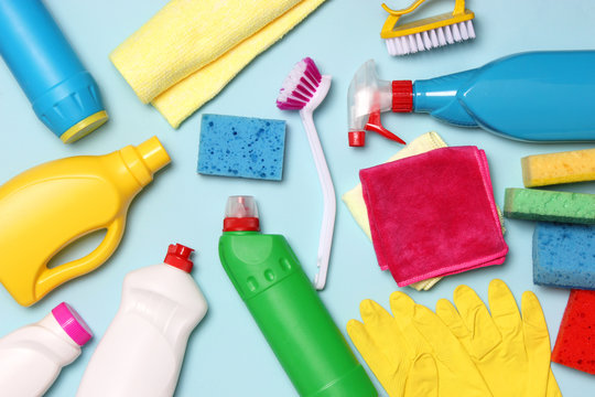  Cleaning Products On A Colored Background Top View.