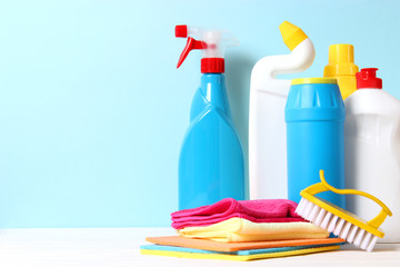  cleaning product on a colored background side view. Professional cleaning products, spring cleaning. Household chemicals