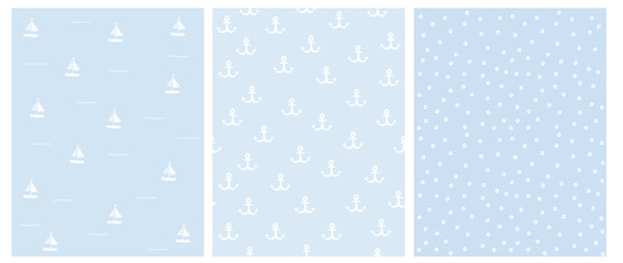 Lovely Hand Drawn Nautical Vector Patterns Set. White Anchors, Dots and Boats Isolated on a Light Blue Background. Marine Party Theme Repeatable Design. Abstract Nautical Theme Decoration.