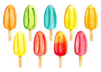 Watercolor set of bright popsicles isolated on white