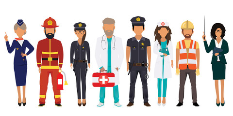 International Labor Day with ribbon. People of different professions set on a white background. Stewardess, Fireman, Police, Doctor, Nurse, Builder, Teacher. Vector illustration in a flat style