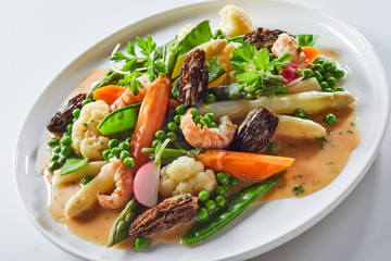 Gourmet appetizer with morel mushrooms and shrimp