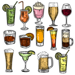 Vector hand drawn of big set with alcohol drinks.