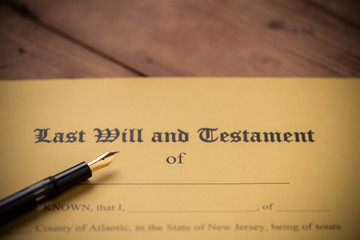 Last will and testament form with gavel. Decision, financial
