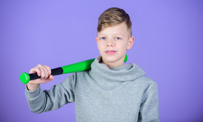Sport and hobby. Teenager boy likes baseball. Active leisure and lifestyle. Healthy childhood. Enjoy active game. Join baseball team. Sport and baseball training concept. Boy hold baseball bat