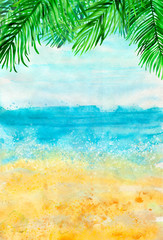 Fototapeta na wymiar Watercolour beach background with palm leaves on top