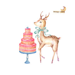 Watercolor deer with green bow and tasty cake on table cute greeting cards for invite, birthday, Valentine's day, new year, Christmas on white background