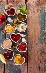 Overhead view of large assortment of sauces