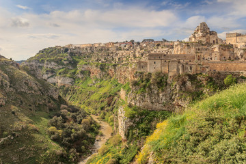 Fototapeta na wymiar The Murgia Materana Nature Reserve and Cave Churches: viewpoint of the ancient town of Matera (Sassi di Matera), European Capital of Culture 2019, Basilicata region. 