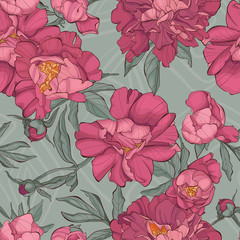 Seamless pattern peony flower on grey background with rhombus. Fashion vector illustration.