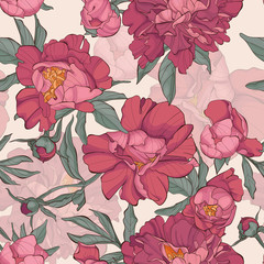 Seamless pattern peony flower on white background with butterfly. Element for design. Hand-drawn contour lines and strokes. Fashion vector illustration. © j_bunina