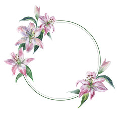 Round frame with white and pink watercolor lilys