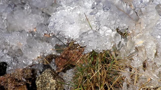 Frozen Splashes. The frozen water on a rock in the midst of rapid mountain river. Slow Motion at a rate of 240 fps