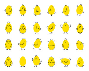 Easter funny cute chickens, flat vector illustration on white isolated background. Set