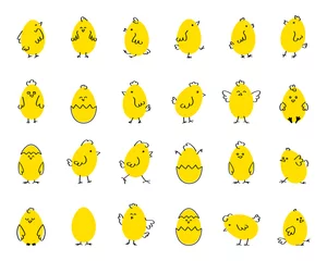 Fotobehang Illustraties Pasen grappige schattige kippen, platte vectorillustratie op witte geïsoleerde achtergrond. Set