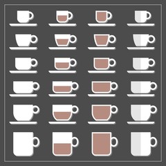 coffee tea cup mug empty half full graphic icon set isolated on dark background