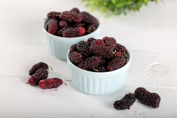 Fresh blackberries in bowl on white wooden background.