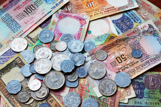 Old Indian currency collection, coins and currency.