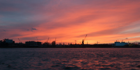 Elbe River in Hamburg Harbor at sunset.