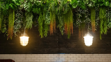 Flowers and leaves hung beside the wall of the lamp