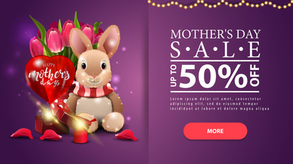 Mother's day sale, modern purple discount horizontal banner with button, candle, petal, plush rabbit, tulips and gift