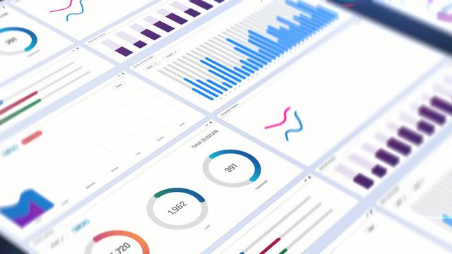 Stock market, company sales, financial report in graphs and charts on screen. Stock exchange, financial statistics monitoring