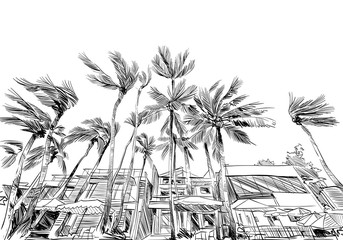 Philippines. Beautiful tropical island. Resort. Sandy beaches with palms. Hand drawn sketch. Vector illustration.