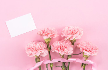 Top view, flay lay, copy space, close up, mock up, mothers day thanks design concept. Beautiful fresh blooming baby pink color carnations isolated on bright pink background