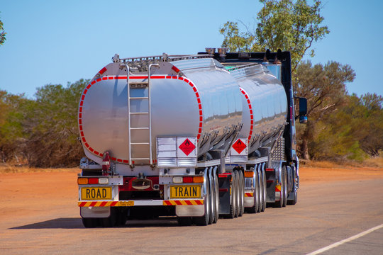 Back side of road train transporting gasoline in Australian Outback