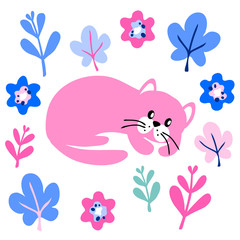 vector funny cat and flowers pattern childish cute illustration