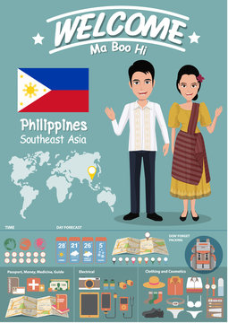 Vector colorful, Asian men and women in traditional costume with traveling infographics. 