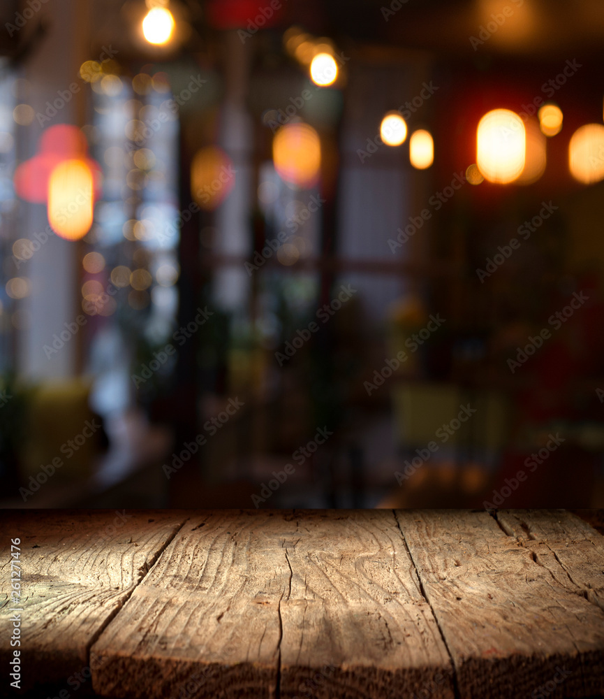 Canvas Prints blurred background of bar and dark brown desk space of retro wood