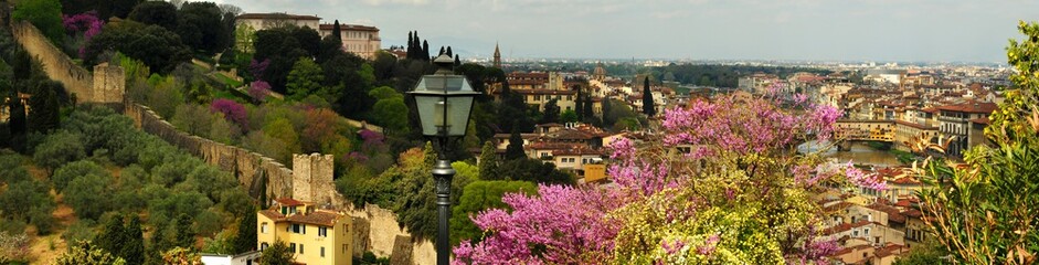 Fototapeta na wymiar Old street lamp at Piazzale Michelangelo with blooming Judas trees and the view of Florence on background. Italy.