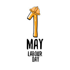 Cartoon Happy labour day vector label isolated on white. vector happy labor day background or banner with engineer helmet, hummer and wrench. workers may day poster