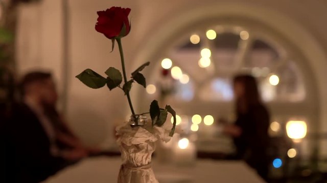 Beautiful red rose on long stem with leaves in bottle covered with white craft paper. People communicate over evening dinner at a restaurant table under warm muffled lighting in a holiday atmosphere.