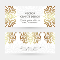 Fototapeta na wymiar Bronze floral motif. Elegant horizontal flayers with ornaments on the white background. Vector design with decoration elements and copy space for wedding invitation, anniversary banners and other.