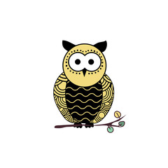 Stylized owl silhouette vector illustration. Night bird black and yellow hand drawn clipart. Mother and child owls ornate drawing. Abstract doodle wild animals. Isolated monochrome design element