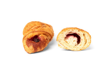 Croissant with jam isolated on white background.